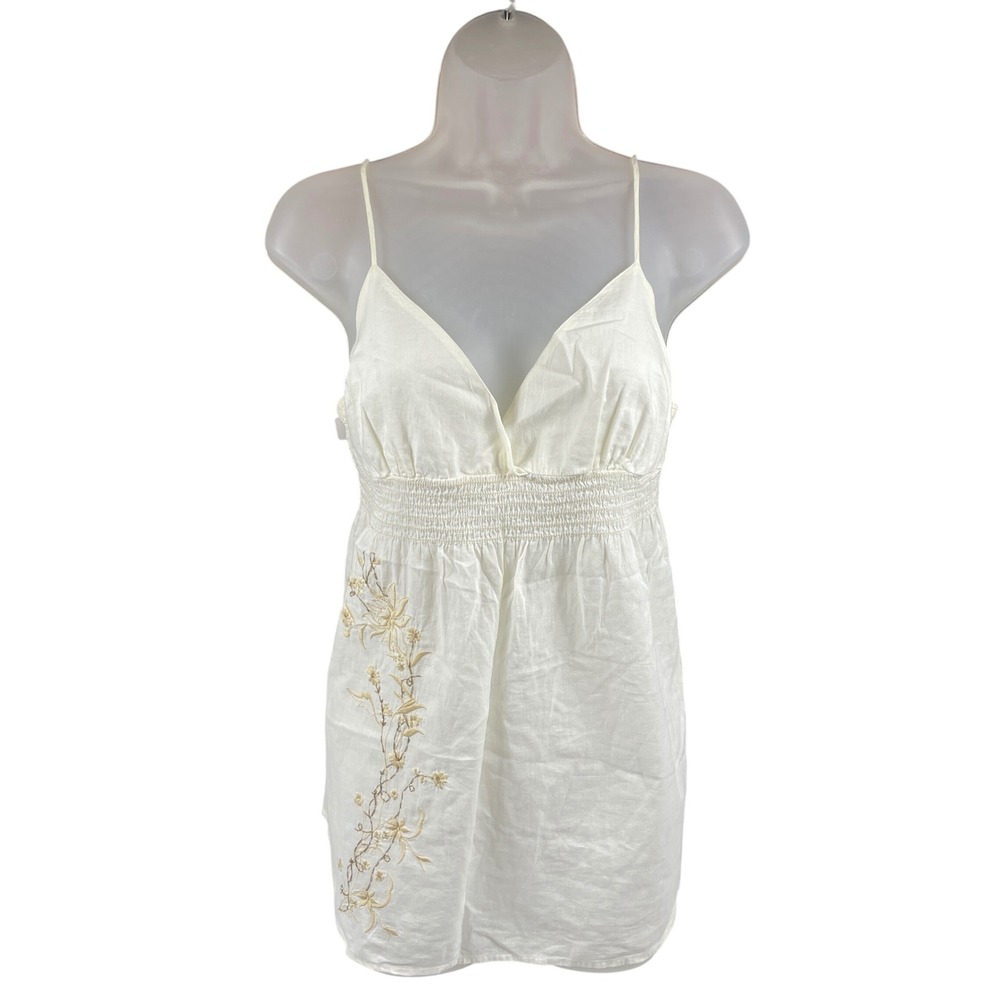 Hollister Babydoll‎ Cami Top Womens Large White Floral Embroidered Smocked Y2K